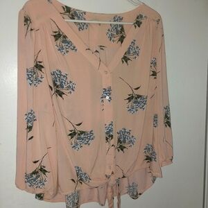 LOFT Orange Pink Blouse with Tie Front and 3/4 Sleeves